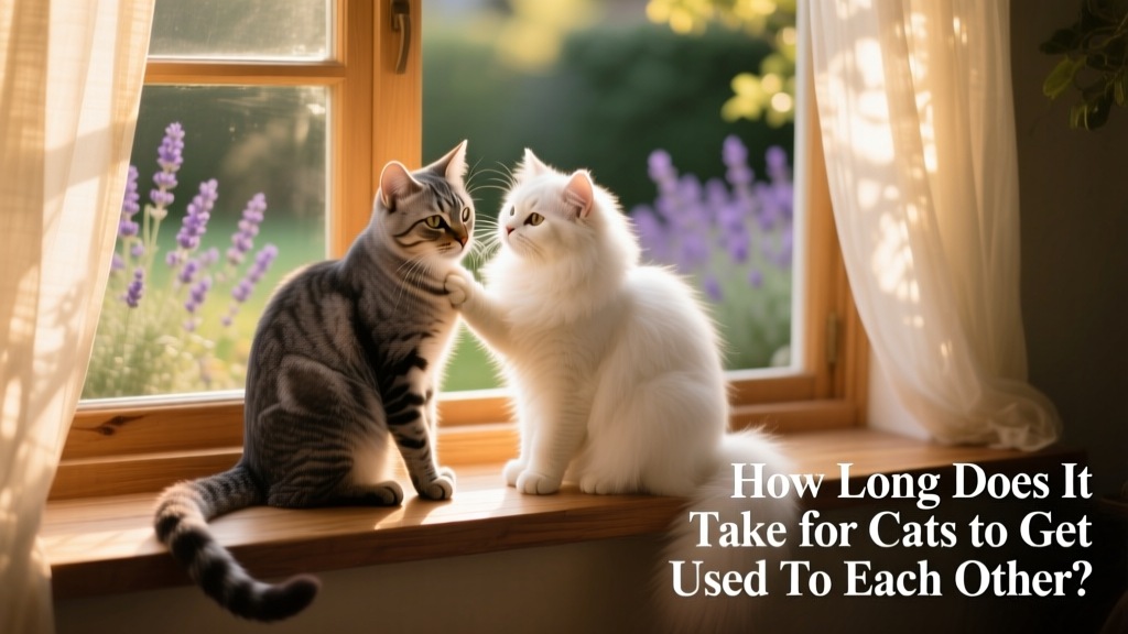 Two cats sitting side by side on a sunlit windowsill, grooming each other gently, tails loosely entwined