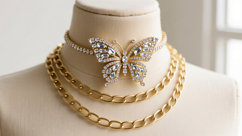 14-inch rhinestone butterfly choker layered with an 18-inch gold paperclip chain, displayed on a neutral linen mannequin neck.