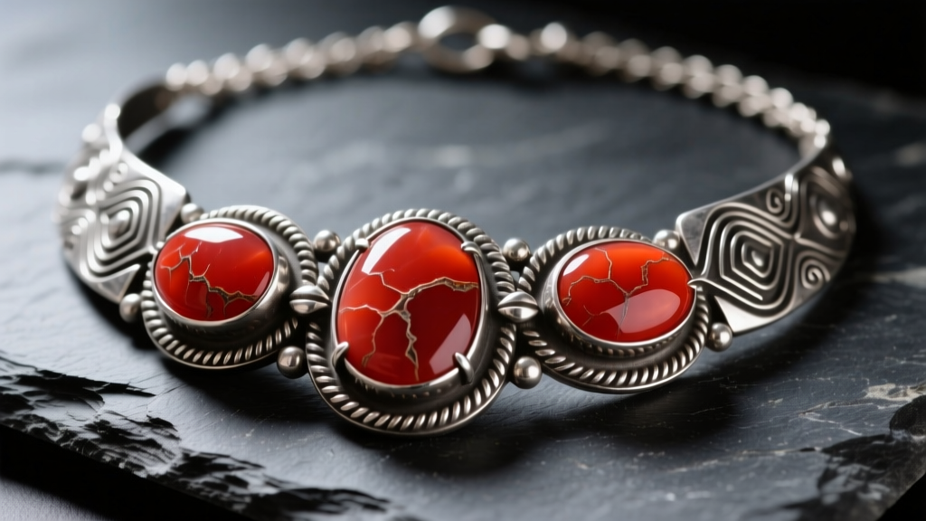 Macro photo of vintage Navajo sterling silver necklace with deep oxblood red coral cabochons resting on dark slate.