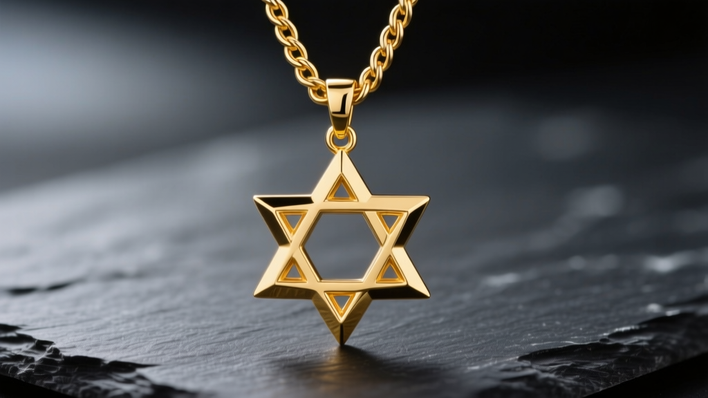 Solid 14k yellow gold Star of David necklace on dark slate showing polished beveled edges and a heavy cable chain.