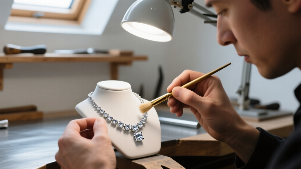 Jeweler using a soft brass brush to clean a sterling silver CZ necklace chain under a bright magnification lamp in a workshop.
