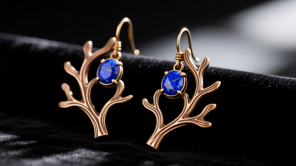 Close-up of vintage Patricia Locke bronze earrings showing lost-wax branch motifs and lapis lazuli stones on dark velvet.