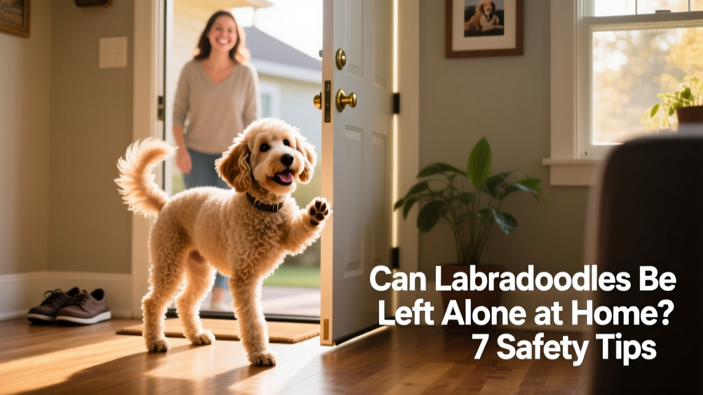 A happy Labradoodle greeting their owner at the door with a wagging tail and relaxed body language