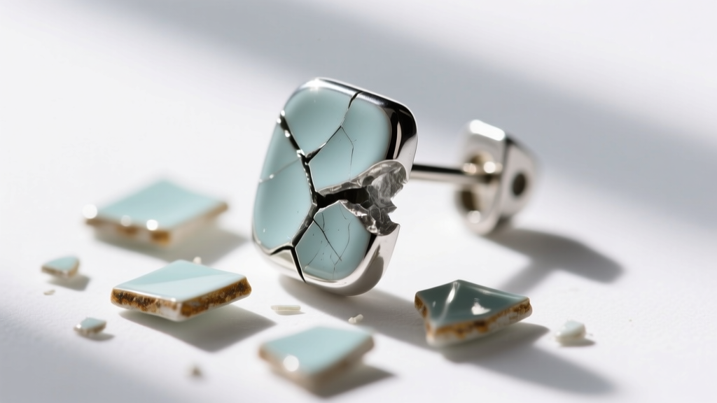 Macro photography of a chipped enamel and zinc alloy clip-on earring back, showing the raw base metal beneath the silver plating.