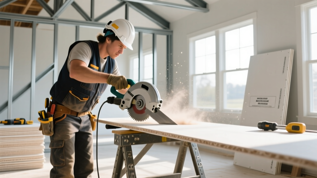 Contractor using a track saw to precisely cut moisture-resistant gypsum board on a sawhorse at a bright residential framing site