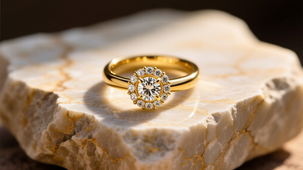 Custom 18k yellow gold engagement ring with hidden halo setting, photographed on raw West Texas limestone, natural sunlight