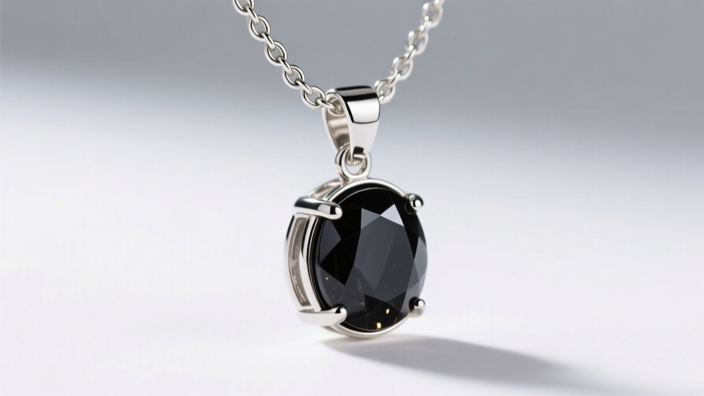 Macro shot of a silver mood pendant, showing 1.2mm rolo chain links and a secure bezel setting holding a dark quartz capsule