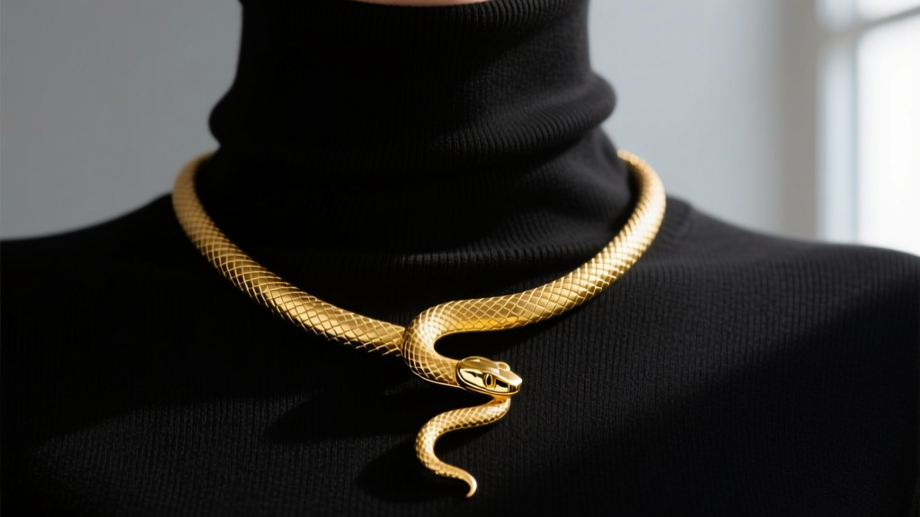 Yellow gold Serpenti Viper pendant resting on a black turtleneck, showing articulated scale movement in soft natural light.