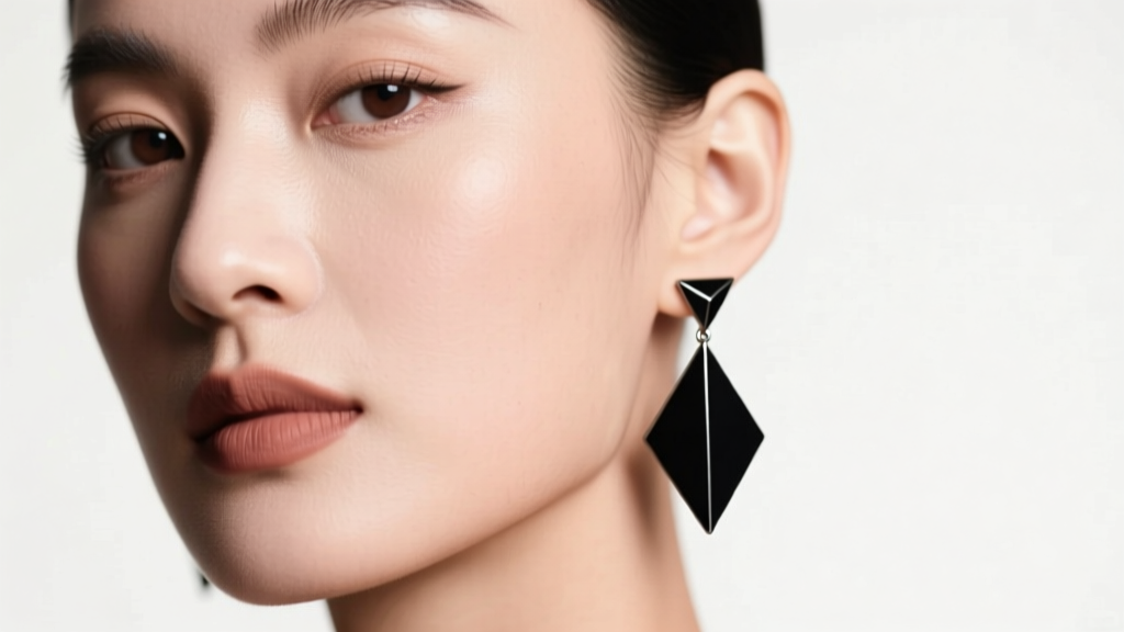 Close-up of a woman wearing matte black PVD titanium inverted triangle drop earrings, soft studio lighting, minimalist style.