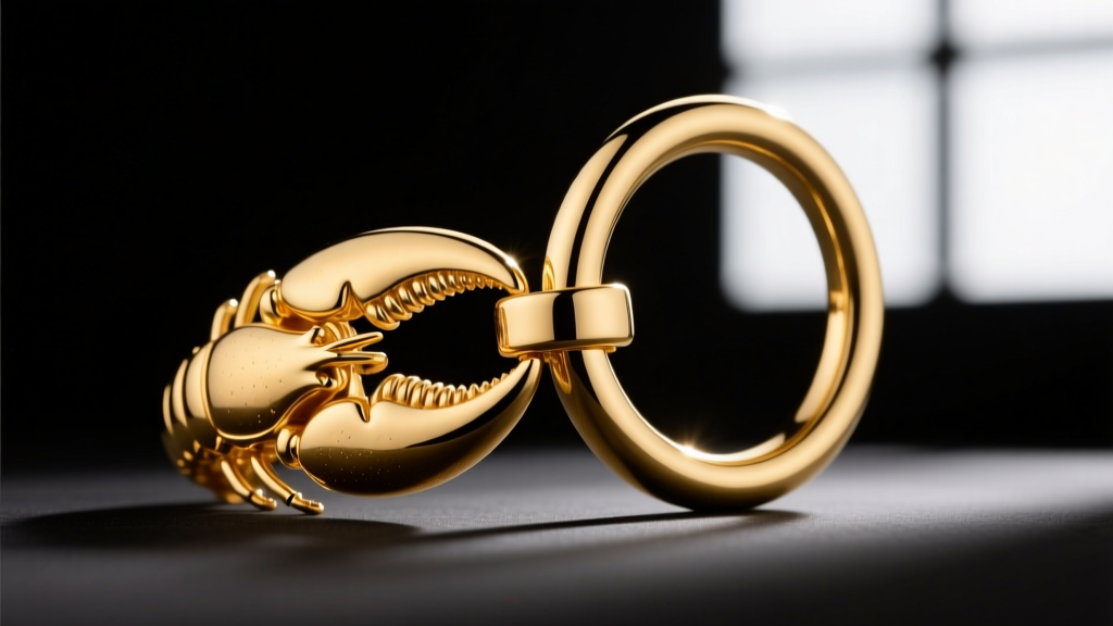 Close-up of a 14k yellow gold lobster clasp and jump ring on a necklace, highlighting mechanical tension and precise soldering