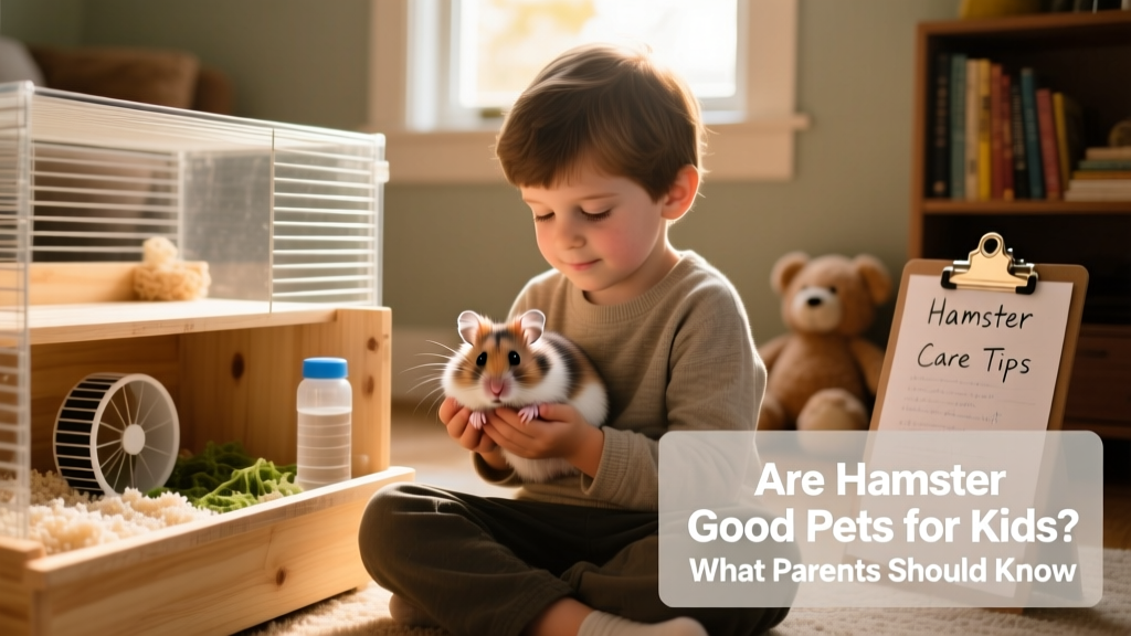 A child aged 7–9 carefully holding a calm Syrian hamster in both hands, seated beside a tidy habitat