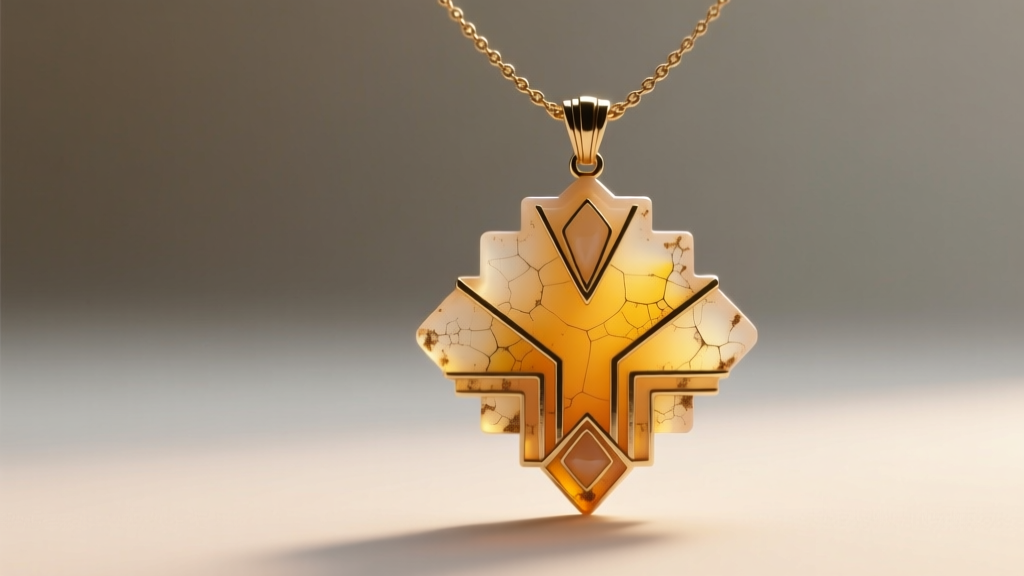 Art Deco celluloid pendant necklace showing early degradation with fine crazing and slight yellowing under soft studio lighting
