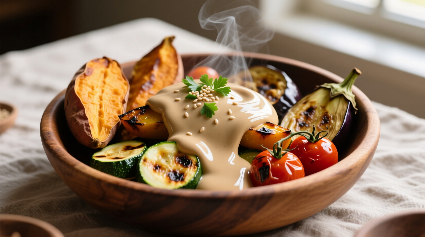 Creamy tahini drizzled over roasted vegetables