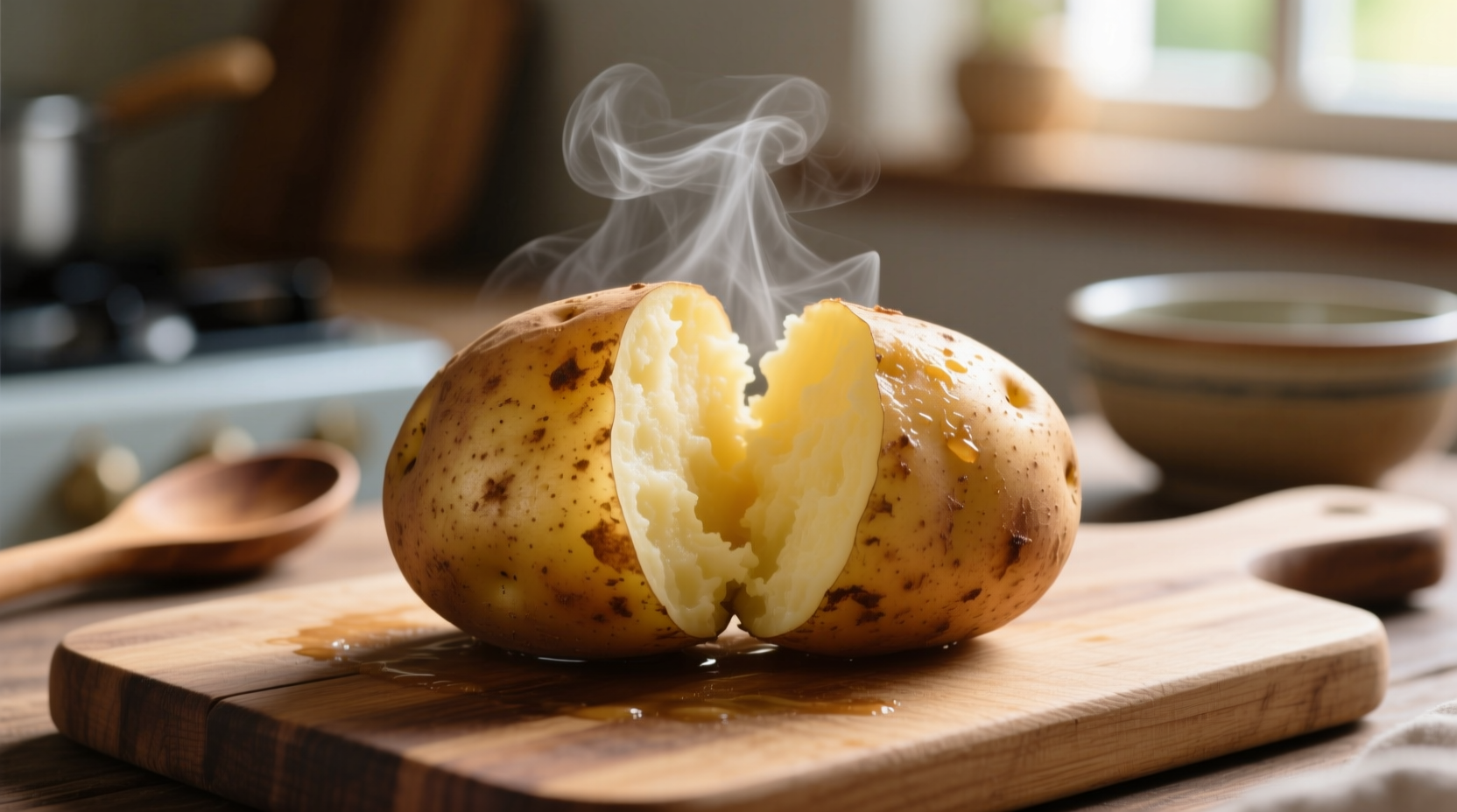 Perfectly cooked microwave russet potato with steam rising