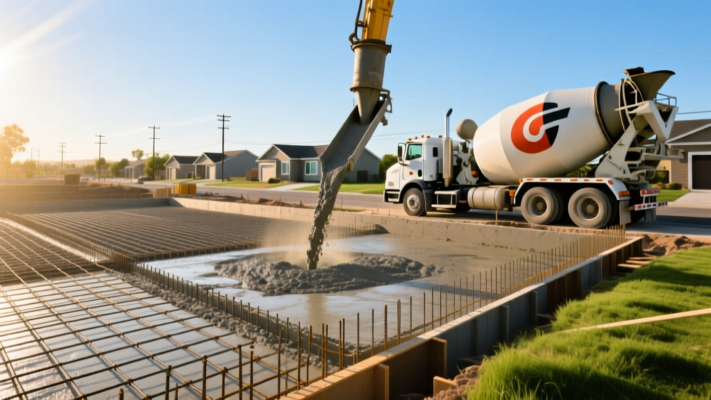 Residential foundation pour in Riverside California showing steel rebar grids and ready-mix concrete trucks under sunny skies