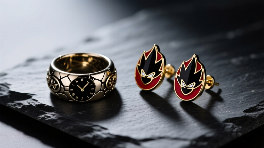 Close-up of Goku Black Time Ring and Potara enamel earrings resting on dark slate under dramatic moody lighting