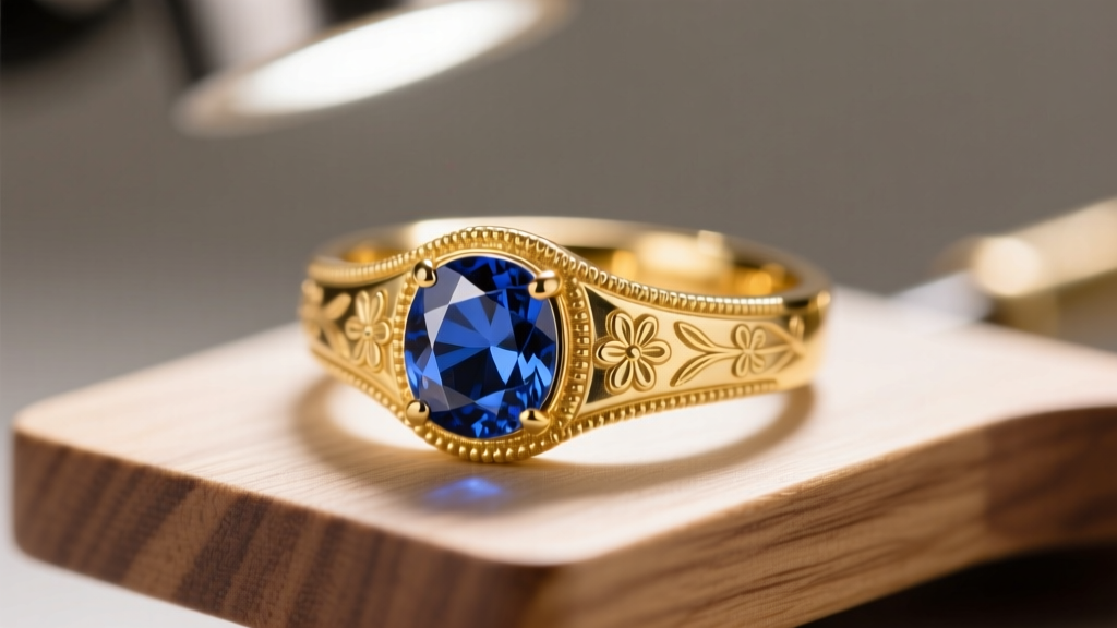 Macro shot of an 18k gold Tracy Fine Jewelry ring with a bezel sapphire on a jeweler bench under bright inspection lighting