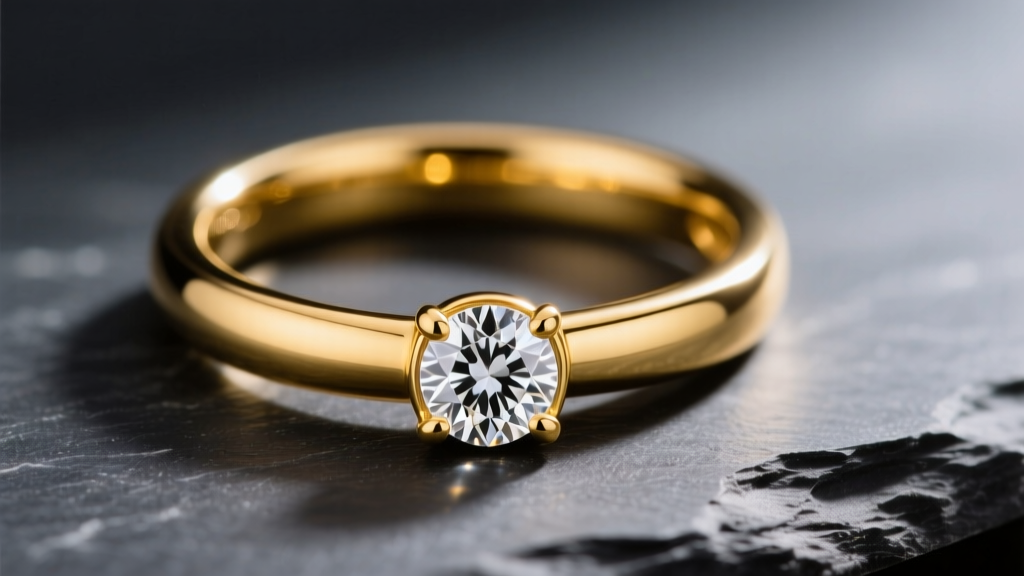 Macro shot of an 18-karat yellow gold 8mm clicker hoop with a single bezel-set diamond, resting on dark slate for high contrast