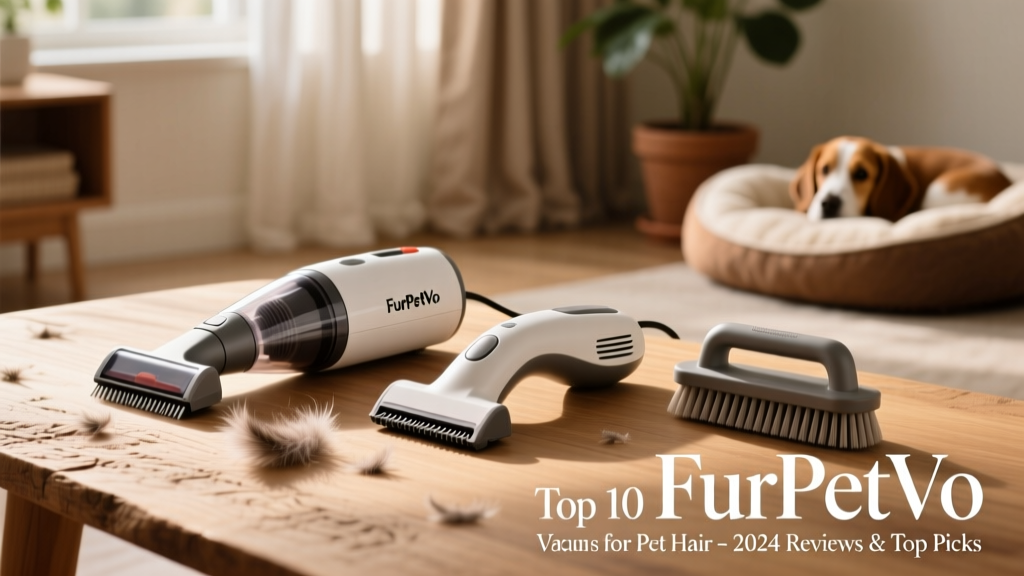 Close-up of FurPetVo hand vacuum attachments laid out: motorized pet tool, crevice nozzle, and upholstery brush