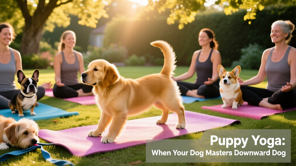 Group of people seated on yoga mats surrounded by playful puppies of different breeds
