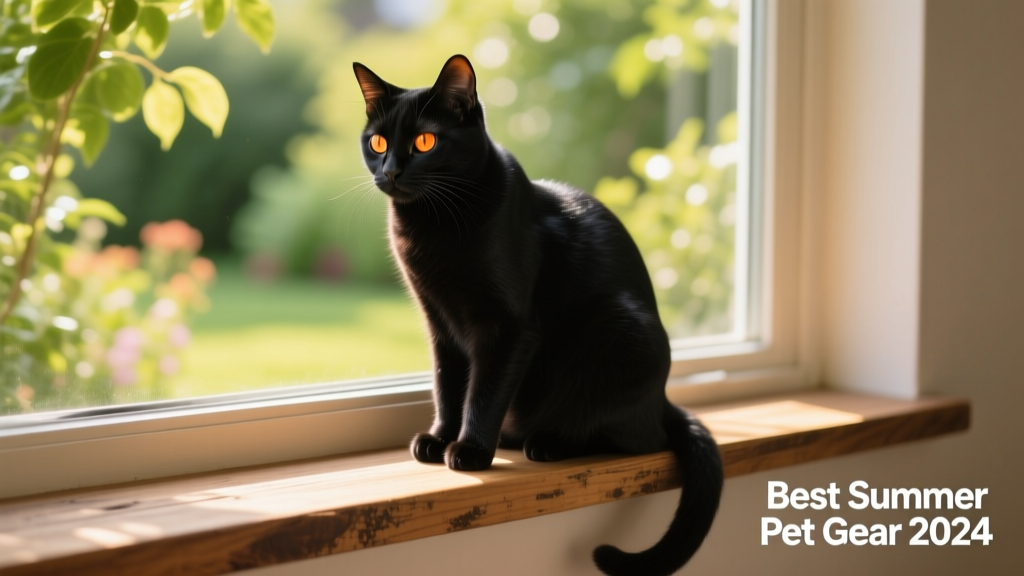 A sleek black cat perched comfortably on a window-mounted cat sill, gazing outside
