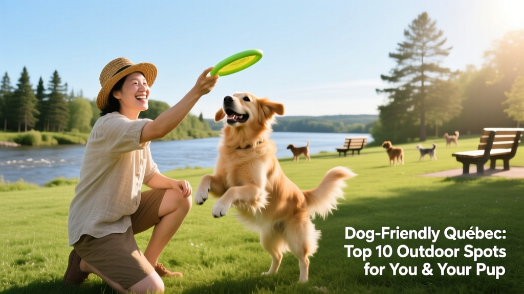 A pet parent and dog enjoying a sunny day at a riverside dog park in Québec