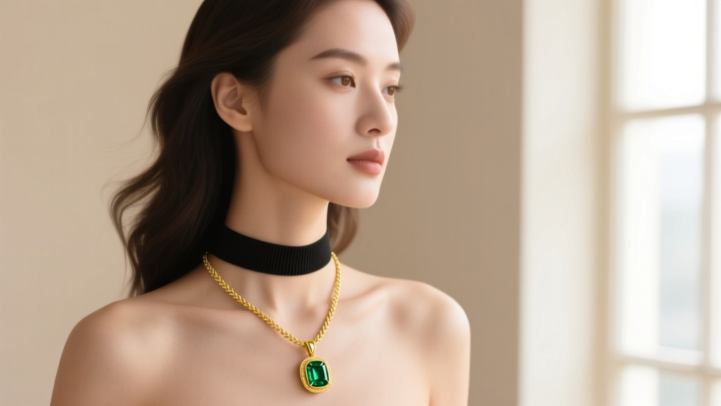 Woman wearing a 14k yellow gold emerald bezel pendant on a wheat chain, layered with a thin choker against a soft beige backdrop.
