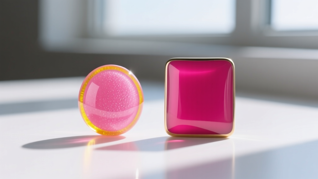 Macro comparison of a hot pink epoxy resin cabochon with slight UV yellowing next to a flawless fired vitreous enamel piece
