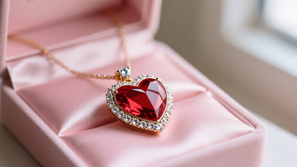 Close-up of a vibrant red enamel and crystal-paved heart pendant necklace resting on a pink satin jewelry box in soft lighting