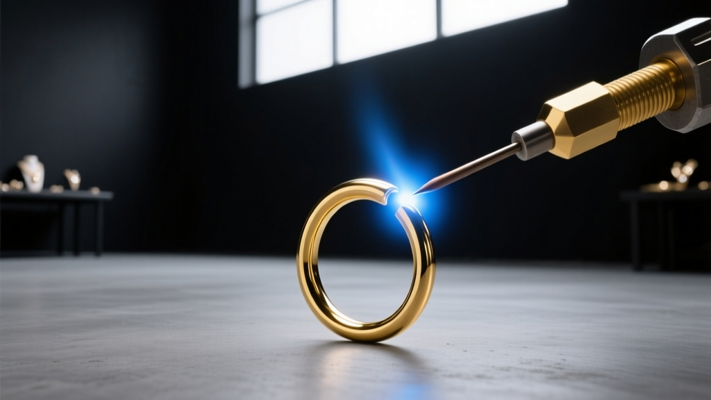 Tungsten electrode touching a gold jump ring, lit by a soft blue argon gas shield in a dim jewelry studio