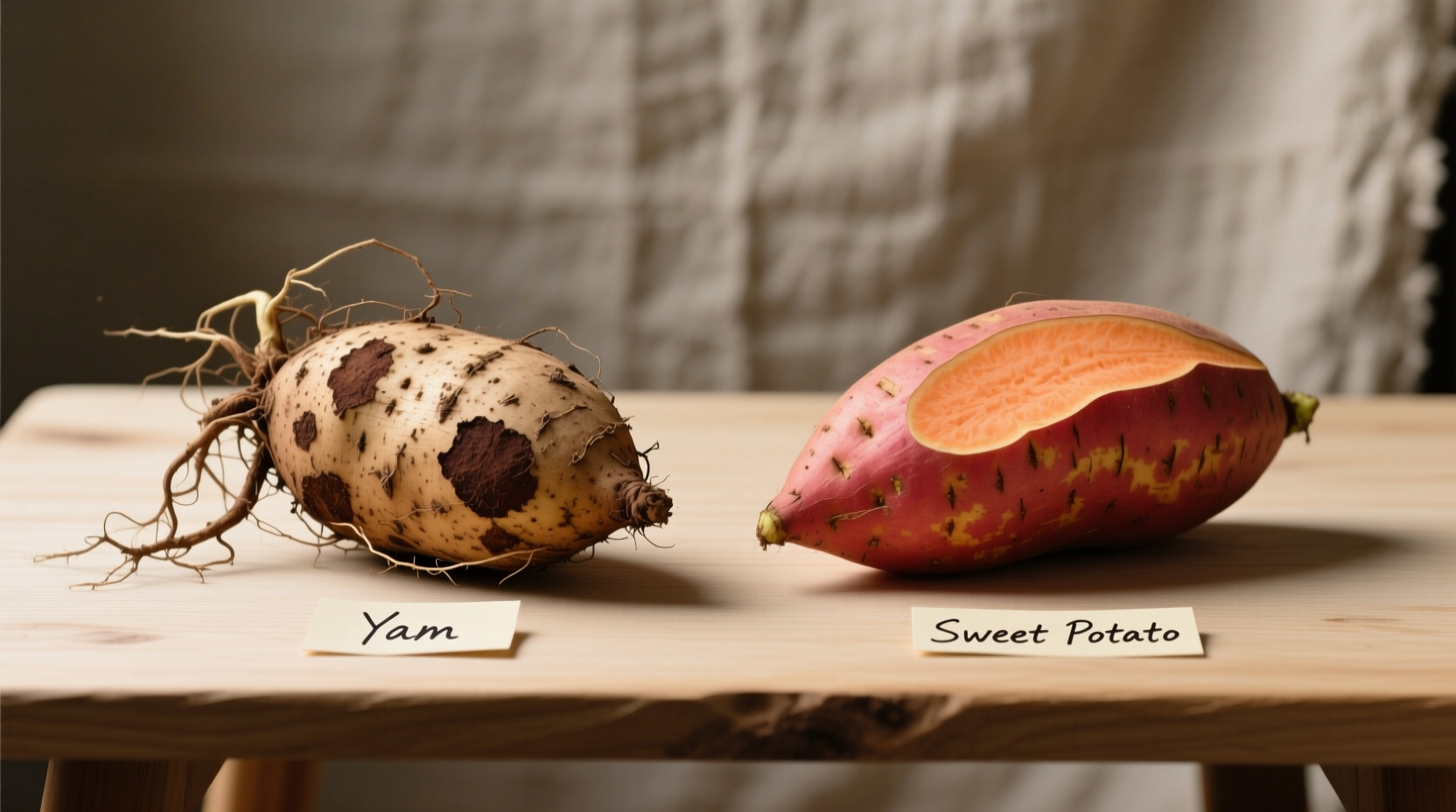 Side-by-side comparison of raw yam and sweet potato