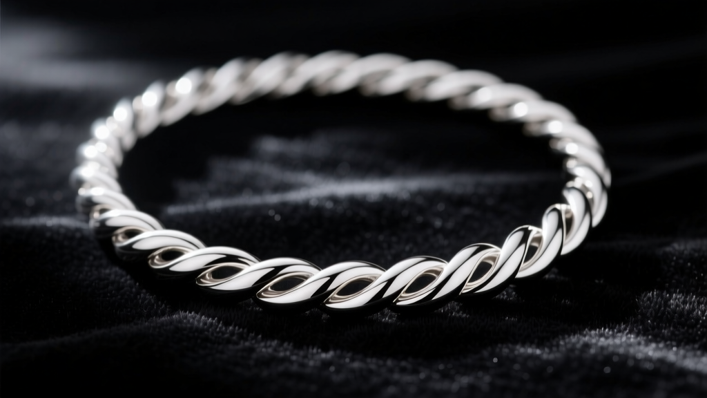 Macro shot of a polished sterling silver cobra necklace showing tightly interlocked smooth tubular links on dark black velvet