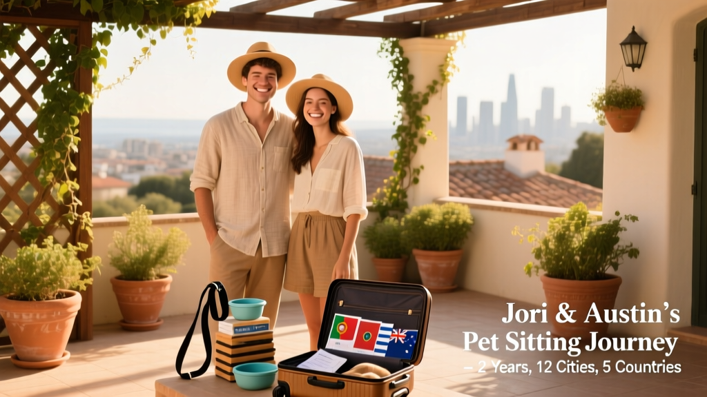 Jori and Austin smiling together on a sunny outdoor patio, surrounded by plants and a relaxed, travel-ready vibe