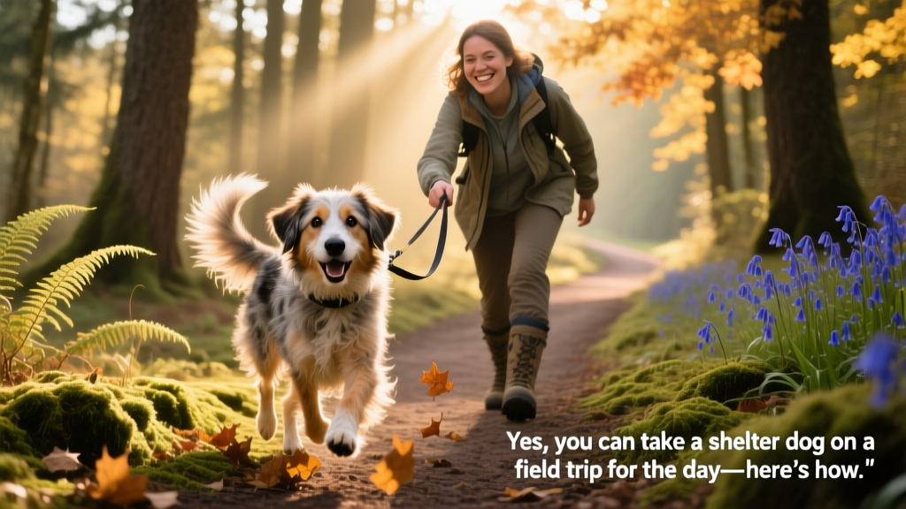 Shelter dog happily exploring a sunlit forest path on leash with a smiling volunteer