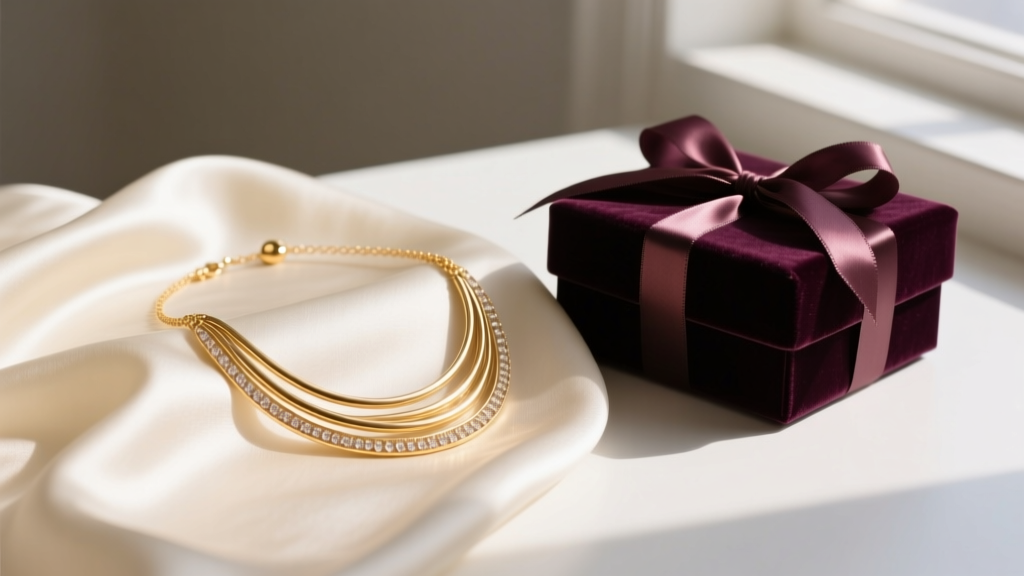 Stella and Dot Campbell layering necklace in gold vermeil draped over cream silk fabric beside a dark velvet holiday gift box.