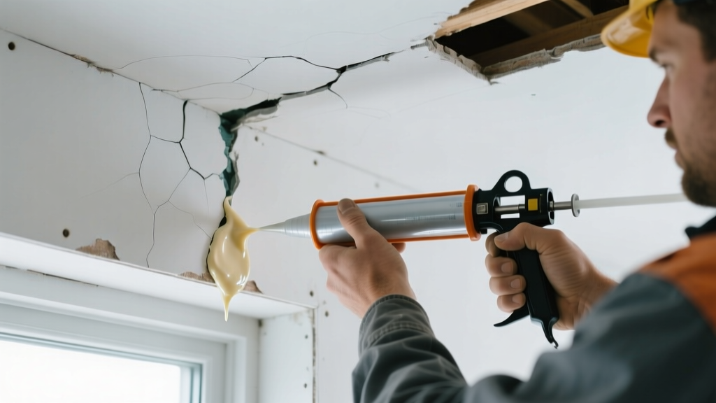 Close-up of cracked vinyl control joint on white drywall ceiling with contractor applying flexible acrylic sealant to gap