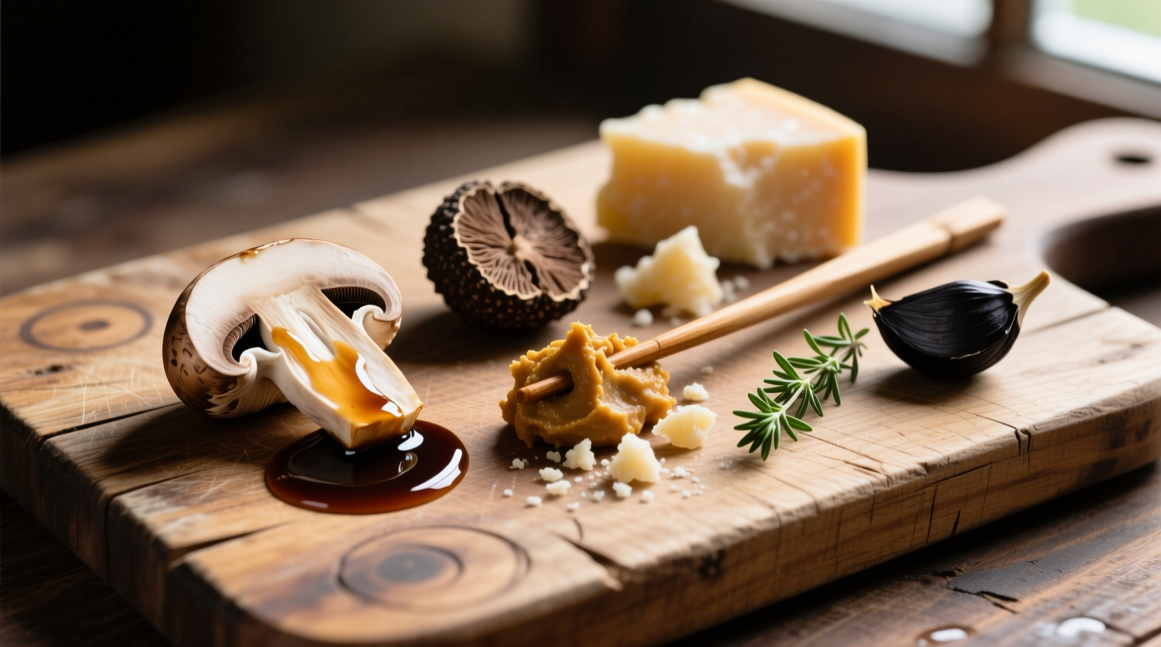 Umami-rich ingredients on wooden cutting board