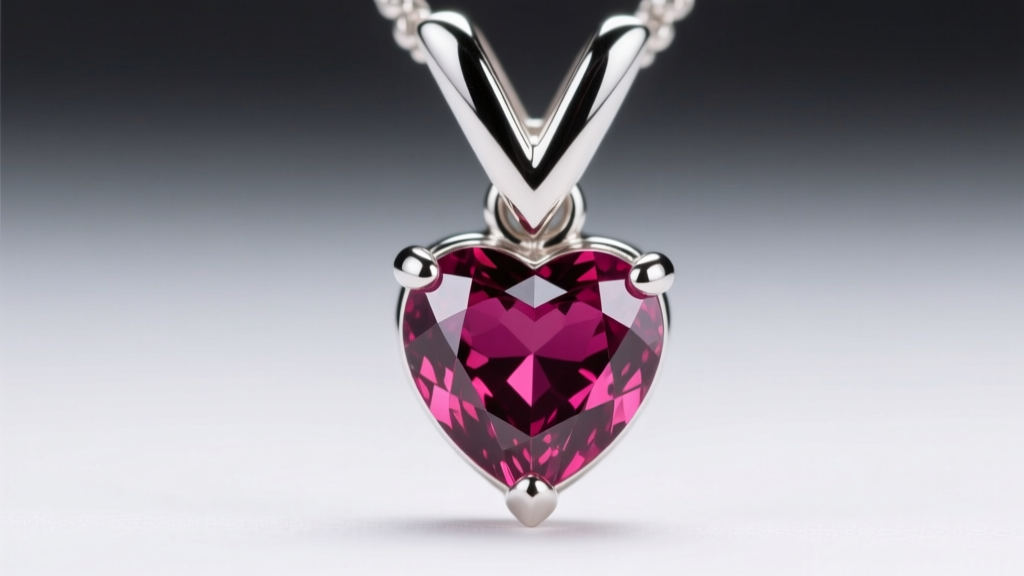 Macro view of a V-prong protecting the bottom tip of a heart-shaped ruby gemstone, securely set in a polished platinum pendant mounting
