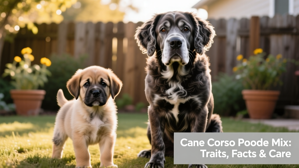 Side-by-side comparison showing a young Corso Doodle puppy next to an adult, highlighting growth and coat texture variation