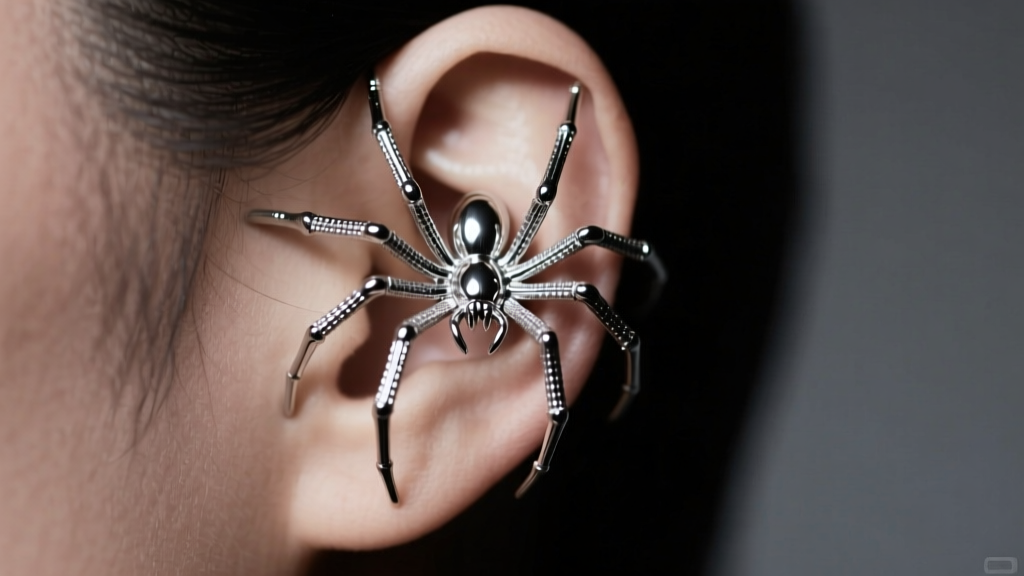 Close-up of a silver multi-leg spider ear cuff wrapping around upper helix cartilage, moody studio lighting, sharp focus.