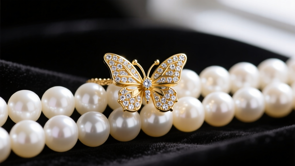 Close-up of a 14k gold butterfly pendant with pave diamonds resting on luminous white Akoya pearls against dark velvet fabric
