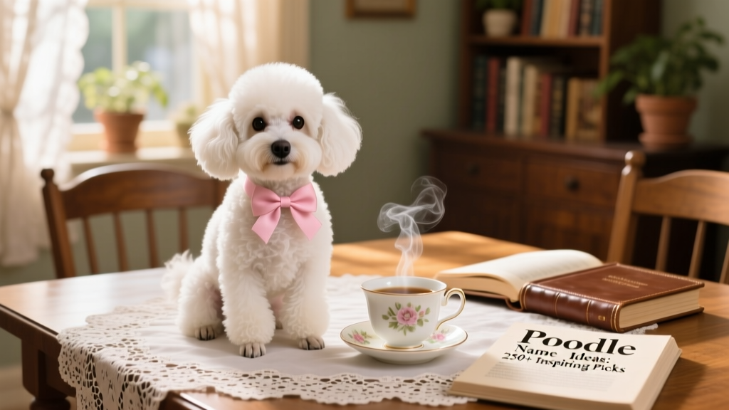A tiny Toy Poodle wearing a delicate bow, sitting beside a miniature teacup on a lace tablecloth
