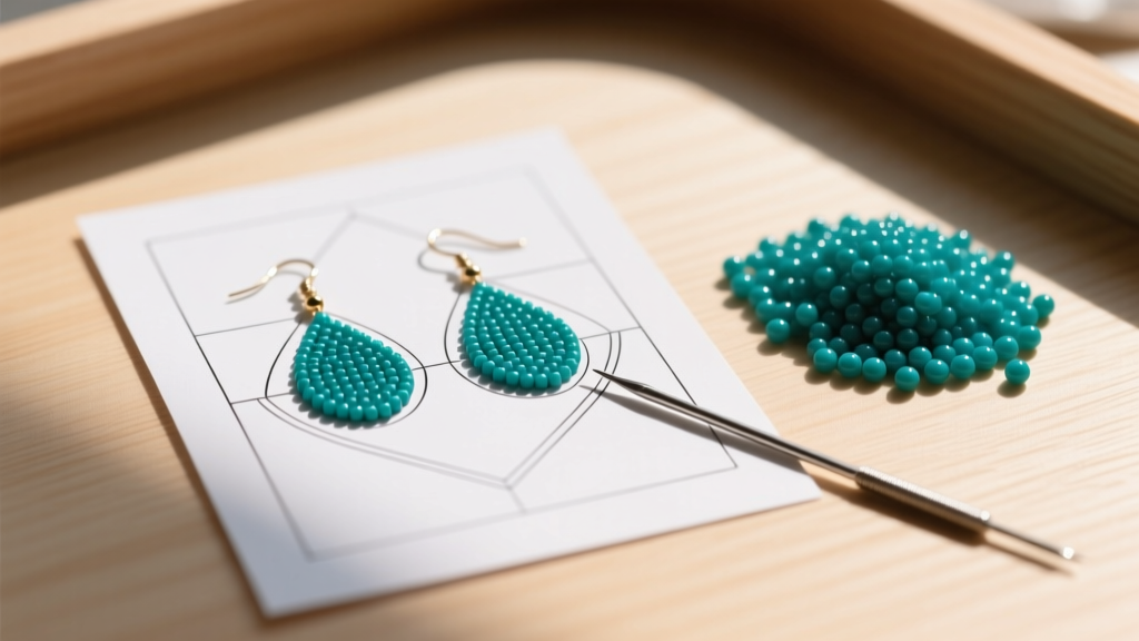 A beginner beading workspace showing a printed seed bead earring pattern, teal Miyuki beads, and a fine needle on wood