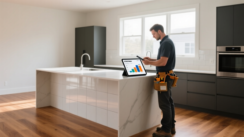 Kitchen island with porcelain tile transitioning to oak hardwood, contractor reviewing a 2026 flooring cost estimate on a digital tablet