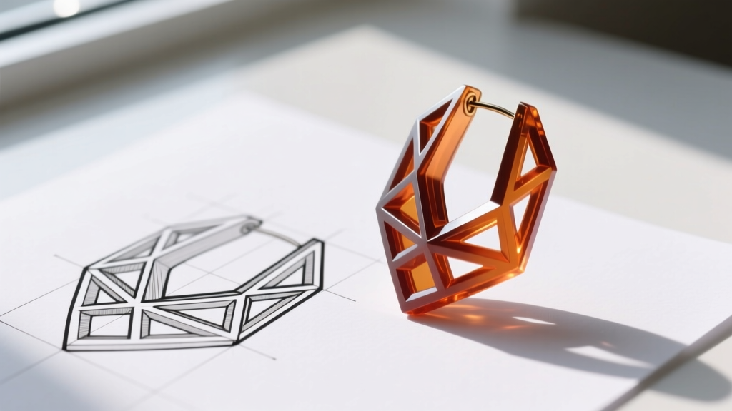 Macro shot of a 3D printed resin earring prototype with geometric cutouts next to the original 2D digital line art drawing.