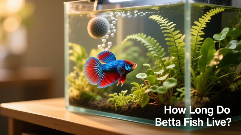 Close-up of a betta fish swimming calmly near lush live plants and a gentle sponge filter in a 5-gallon tank