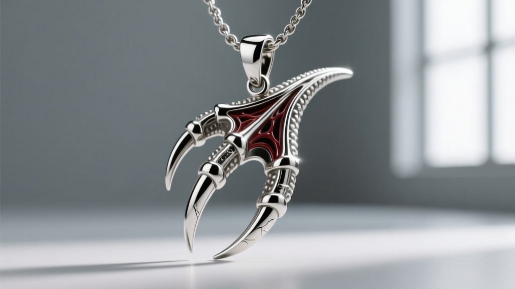 Metal raptor claw pendant close-up showing the flexor tubercle and blood groove details against a neutral grey studio backdrop.