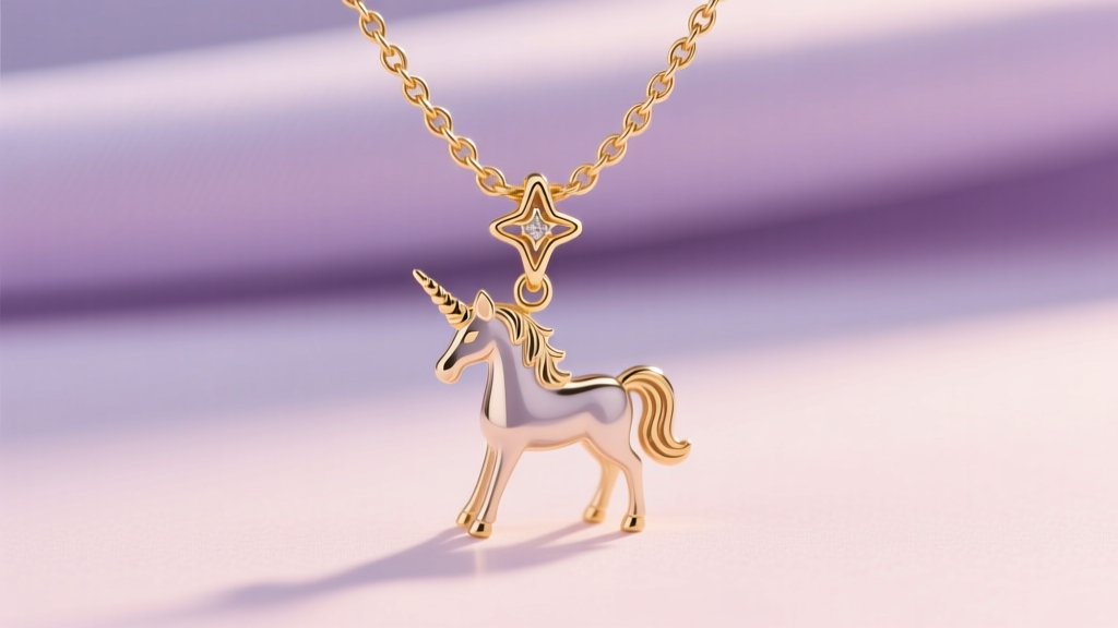 Close-up of a 1.2mm 14k gold cable chain threaded through a unicorn pendant bail, captured against a soft pastel fabric backdrop.