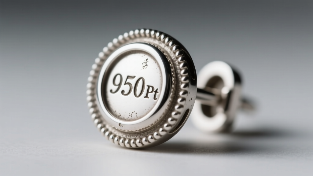 Extreme close-up of a vintage platinum earring clasp showing a 950 Pt hallmark and natural wear on the delicate milgrain edges.