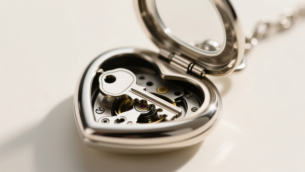 Macro shot of a sterling silver heart locket with a working key in the keyhole, showing the internal steel hinge mechanism clearly